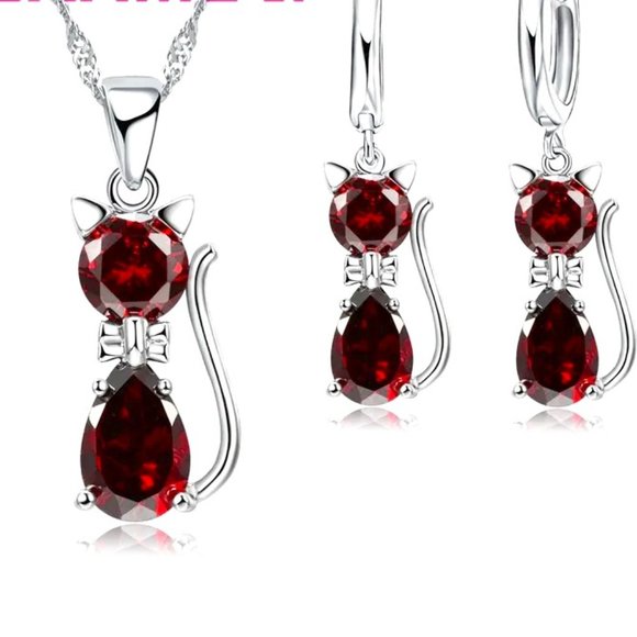 ⭐4pc Bundle Sale⭐ Red Diamond Kitty Pendant And Earrings &18" Chain 925 Silver - Picture 2 of 3